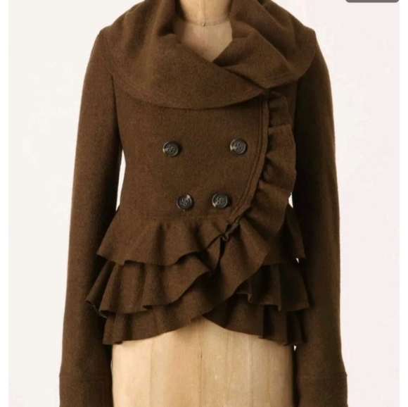 Anthropologie Elevenses Brown Echelon Ruffle Tier Peplum Jacket Size 6 - Picture 4 of 14